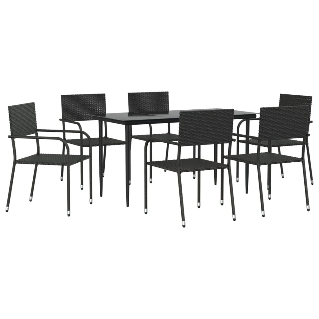 vidaXL 5 Piece Patio Dining Set - Black Poly Rattan and Steel Garden Table and Stackable Chairs - Outdoor Deck Furniture, Tempered Glass Top