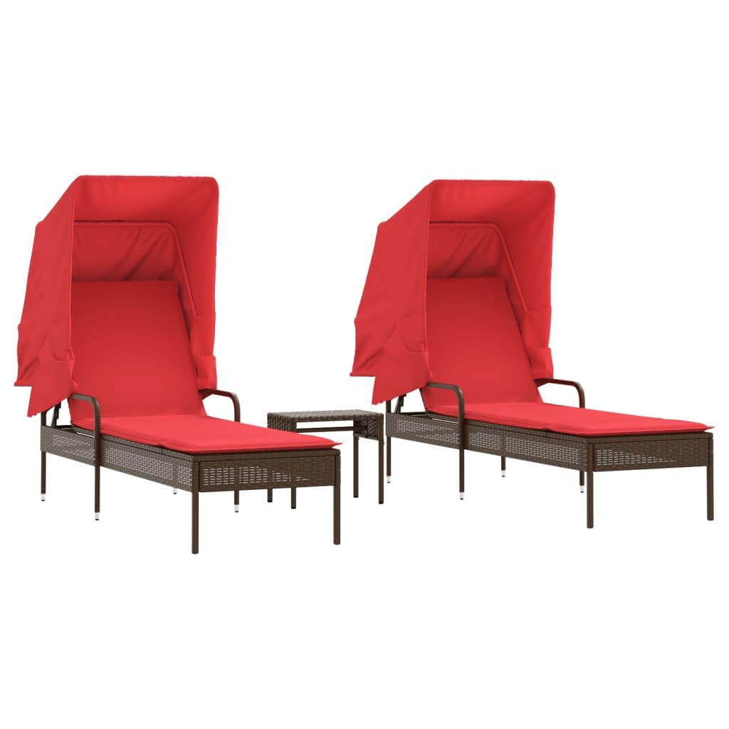 vidaXL Sun Loungers with Canopies and Table - Adjustable PE Rattan Patio Furniture Set - Brown/Red, Outdoor Lounges/Seats