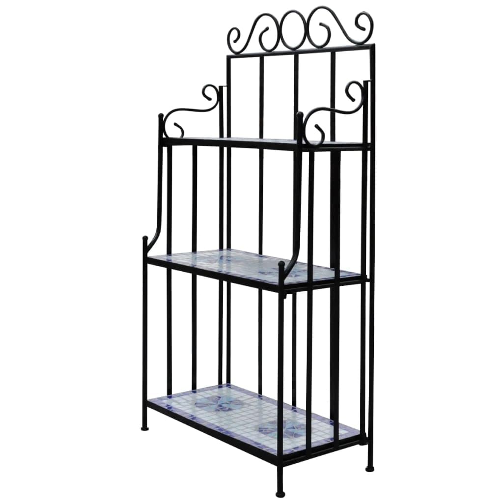 Vidaxl Blue And White Mosaic Ceramic Plant Stand - 3 Layer Iron Frame Garden Display - Stylish Garden, Balcony, Terrace Decor Wi