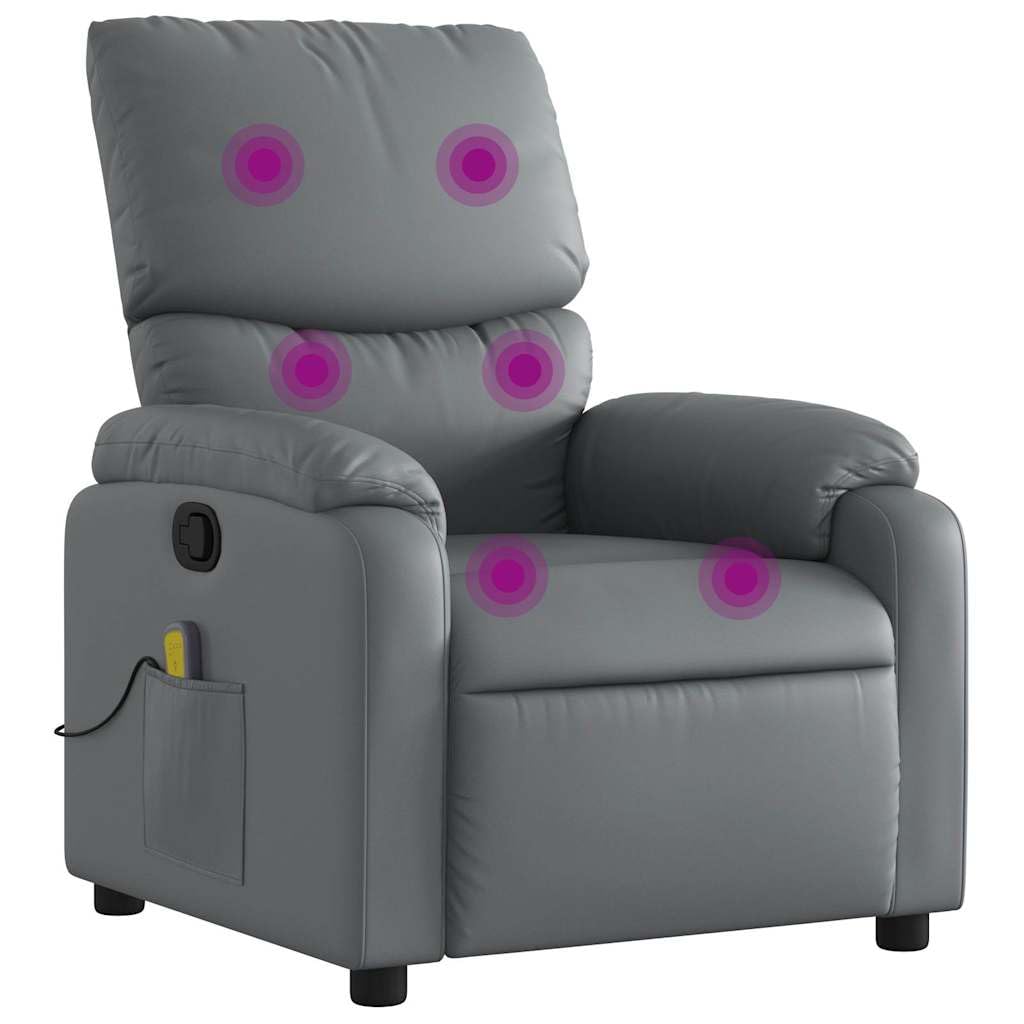 vidaXL Leather Massage Recliner Chair for Living Room, Home Theater, 6-Point Vibration Massage, Adjustable Back & Footrest, Side Pocket, Gray