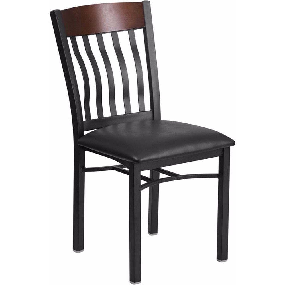 2 Pk. Vertical Back Black Metal and Mahogany Wood Chair with Black Vinyl Seat