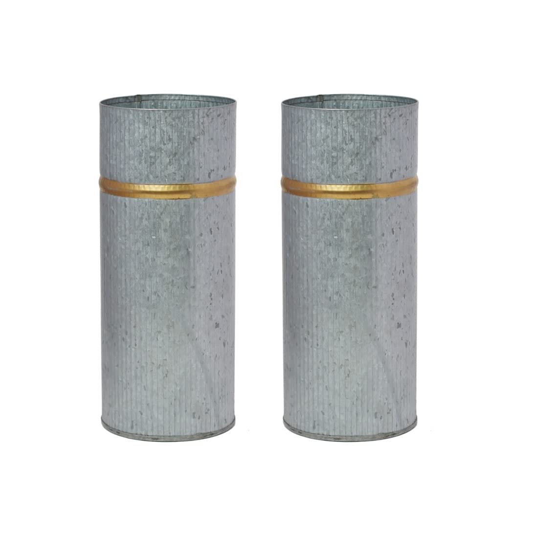 Hosley Set of 2 Galvanized Vases with Gold Rim Ideal Floral Vases for Farmhouse Kitchen Decor Rustic Elegance and Modern Appeal 
