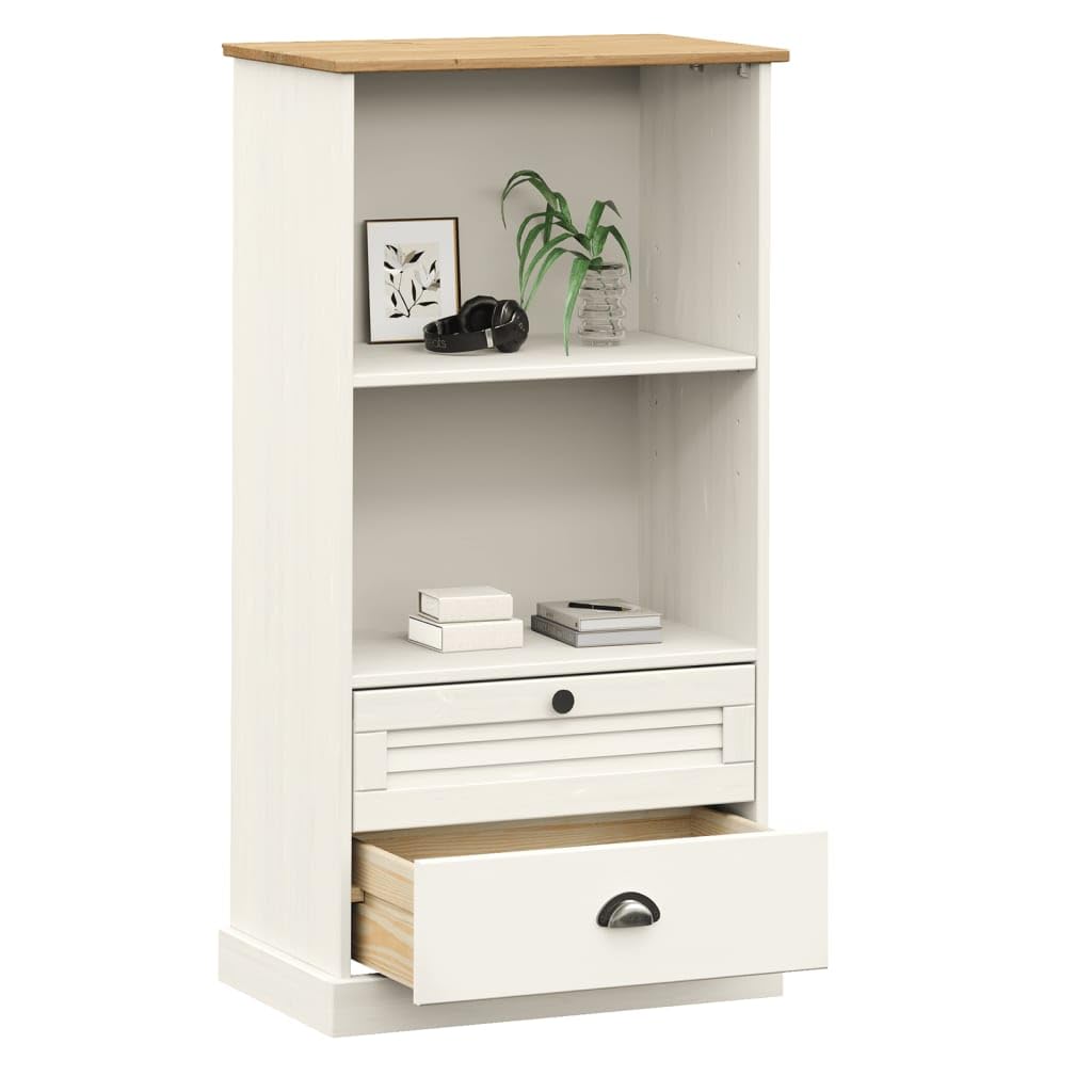 vidaXL VIGO 2-Tier Bookcase with Drawers - White Solid Pine Wood Storage Shelf for Living Room/Bedroom/Study