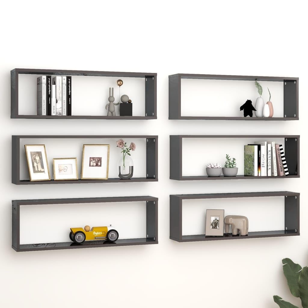 vidaXL Wall Cube Shelves 6 pcs High Gloss Gray 31.5"x5.9"x10.4" Engineered Wood