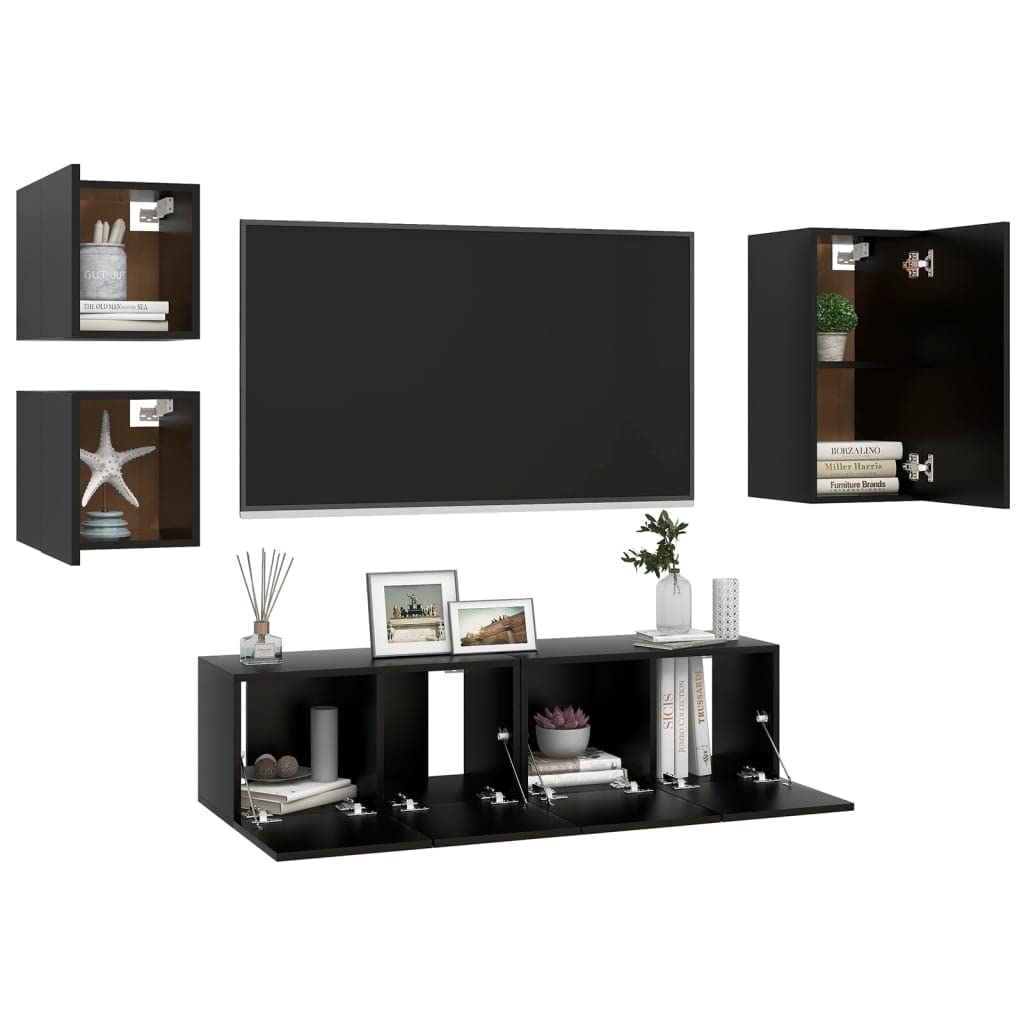 vidaXL TV Cabinet Set 5 Piece Home Indoor Living Room Hanging Wall-Mounted Stereo Plasma HiFi Cabinet TV Stand Unit Furniture Black Engineered Wood