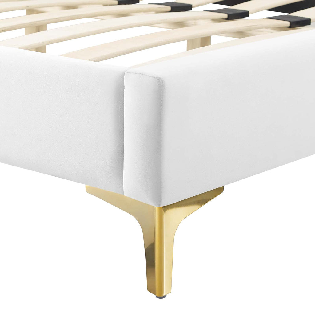 Modway Gwyneth Tufted Performance Velvet Twin Platform Bed in White with Gold Metal Legs