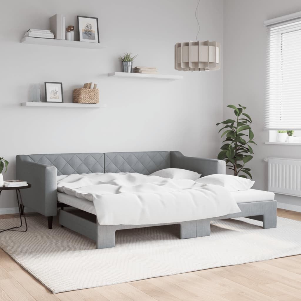 vidaXL Daybed with Trundle in Light Gray Fabric - Contemporary Guest Bed/Sofa for Living Room or Bedroom - Solid Wood and Metal Frame