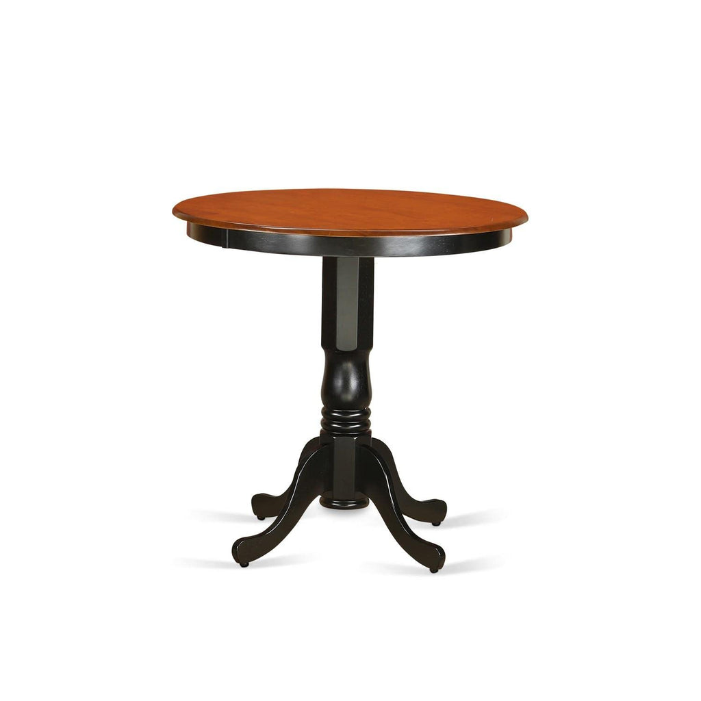 East West Furniture JAQU5-BLK-W 5 Piece Counter Height Dining Table Set Includes a Round Kitchen Table with Pedestal and 4 Dining Room Chairs, 36x36 Inch, Black & Cherry