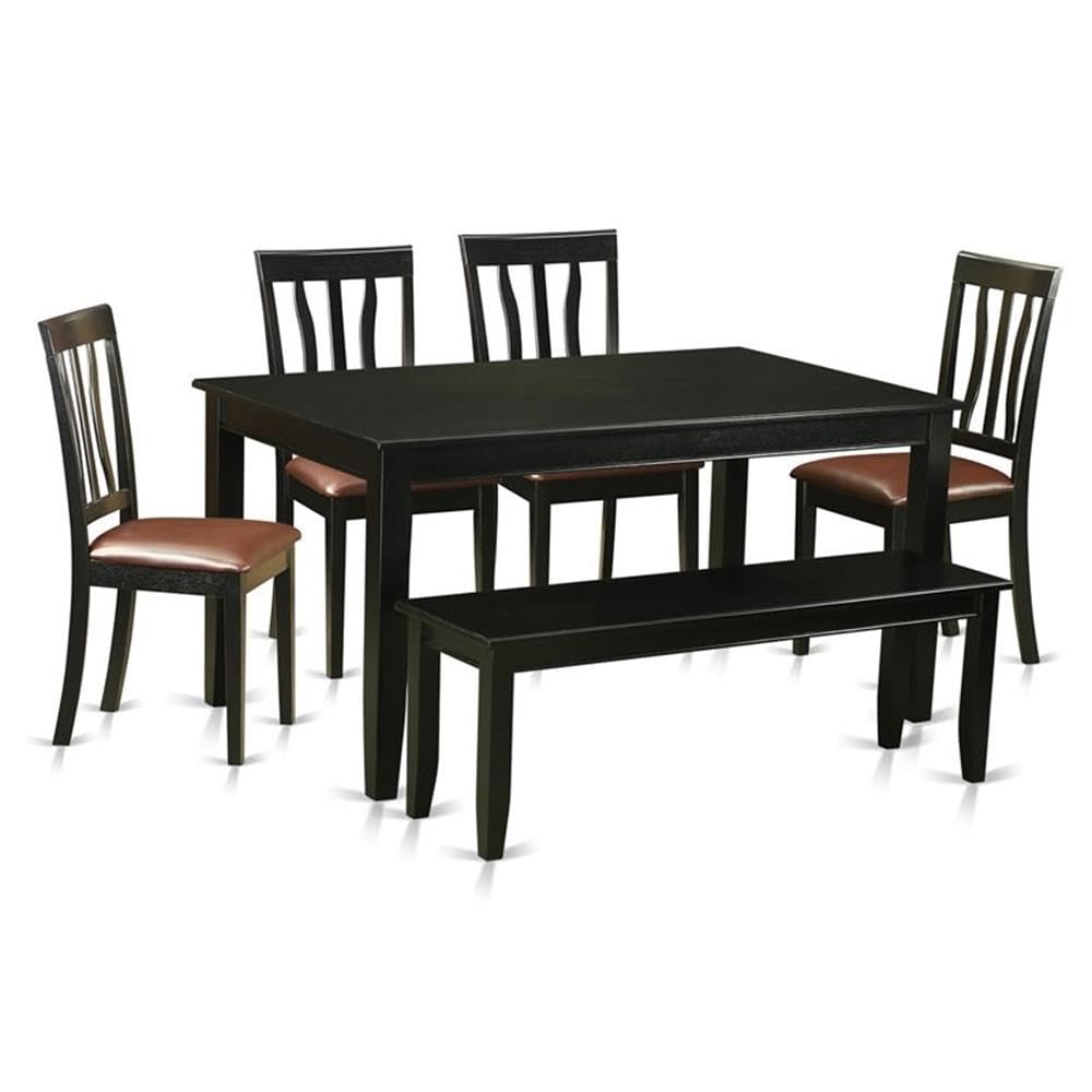 East West Furniture DUAN6-BLK-LC 6 Piece Kitchen Table & Chairs Set Contains a Rectangle Dining Table and 4 Faux Leather Dining Room Chairs with a Bench, 36x60 Inch, Black