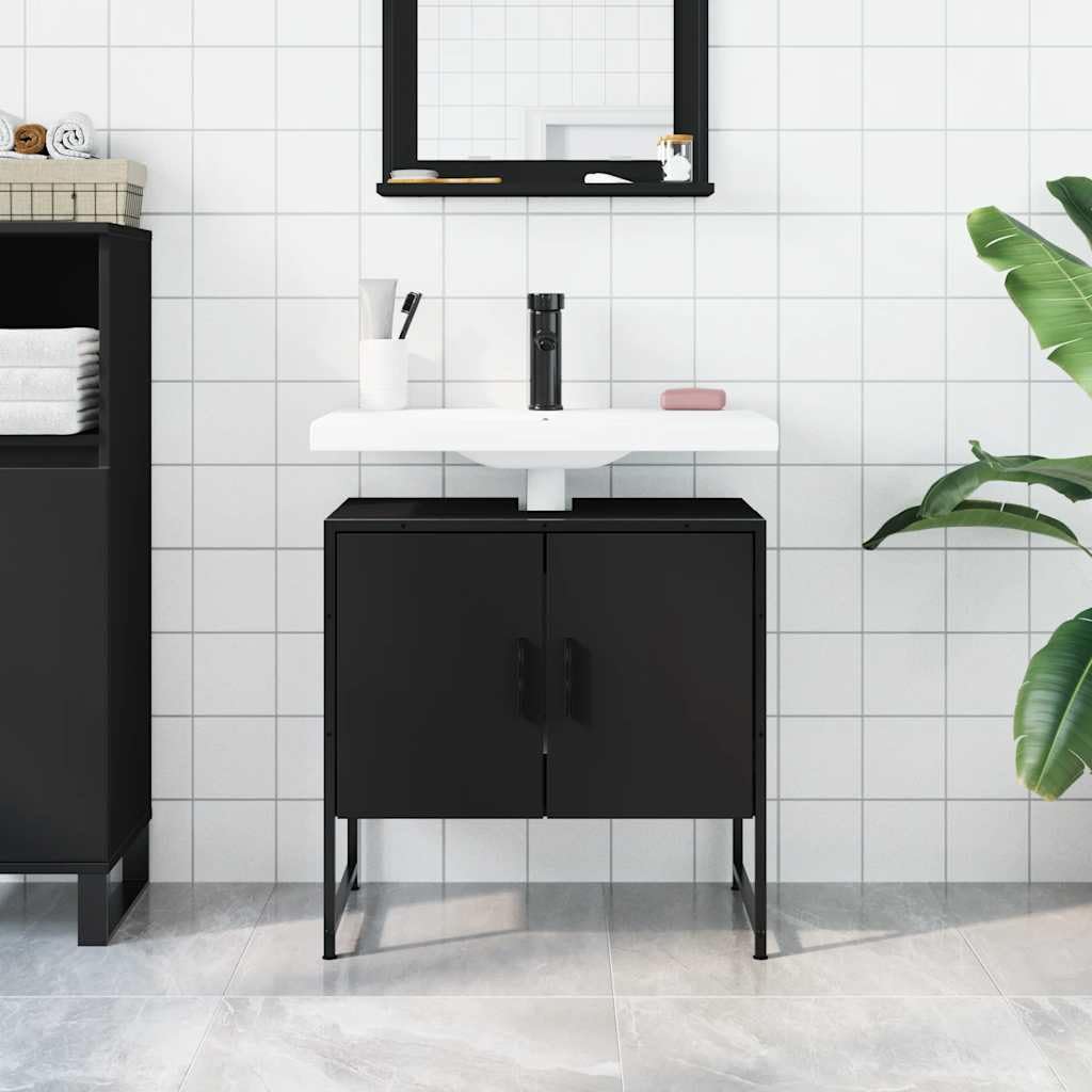 vidaXL Bathroom Sink Cabinet in Black - Contemporary Engineered Wood Vanity Base with Powder-Coated Steel Frame, 23.6&quot;x13&quot;x23.6&quot;