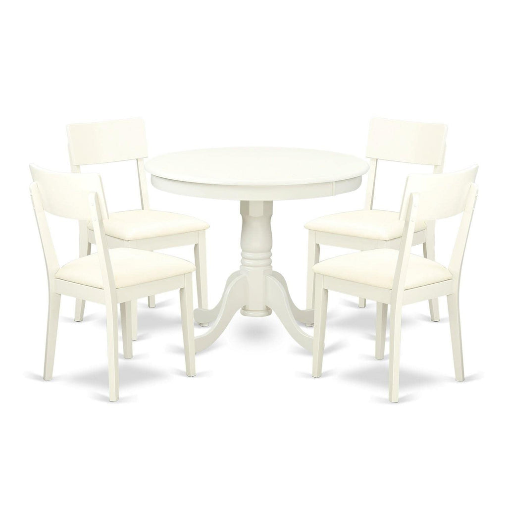 East West Furniture Anad5-Lwh-Lc 5 Piece Dining Set Includes A Round Kitchen Table With Pedestal And 4 Faux Leather Dining Room Chairs, 36X36 Inch, Linen White