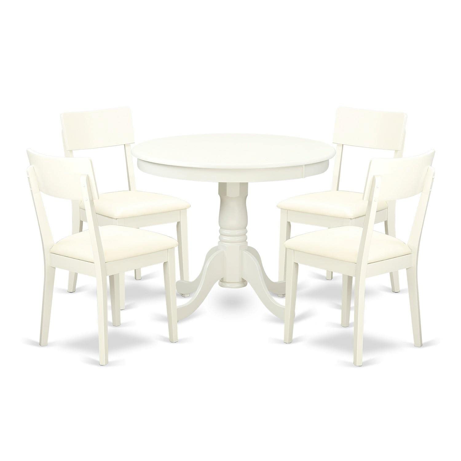 East West Furniture Anad5-Lwh-Lc 5 Piece Dining Set Includes A Round Kitchen Table With Pedestal And 4 Faux Leather Dining Room Chairs, 36X36 Inch, Linen White