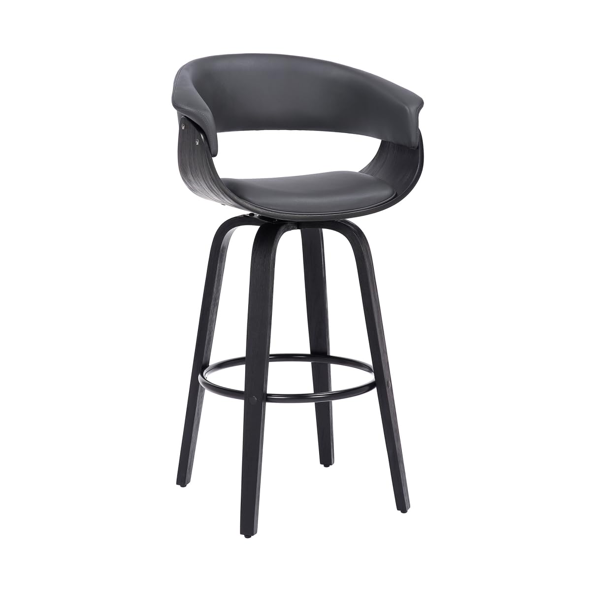 HomeRoots 476810 31 in. Gray & Black Faux Leather & Solid Wood Swivel Low Back Bar Height Bar Chair with Footrest
