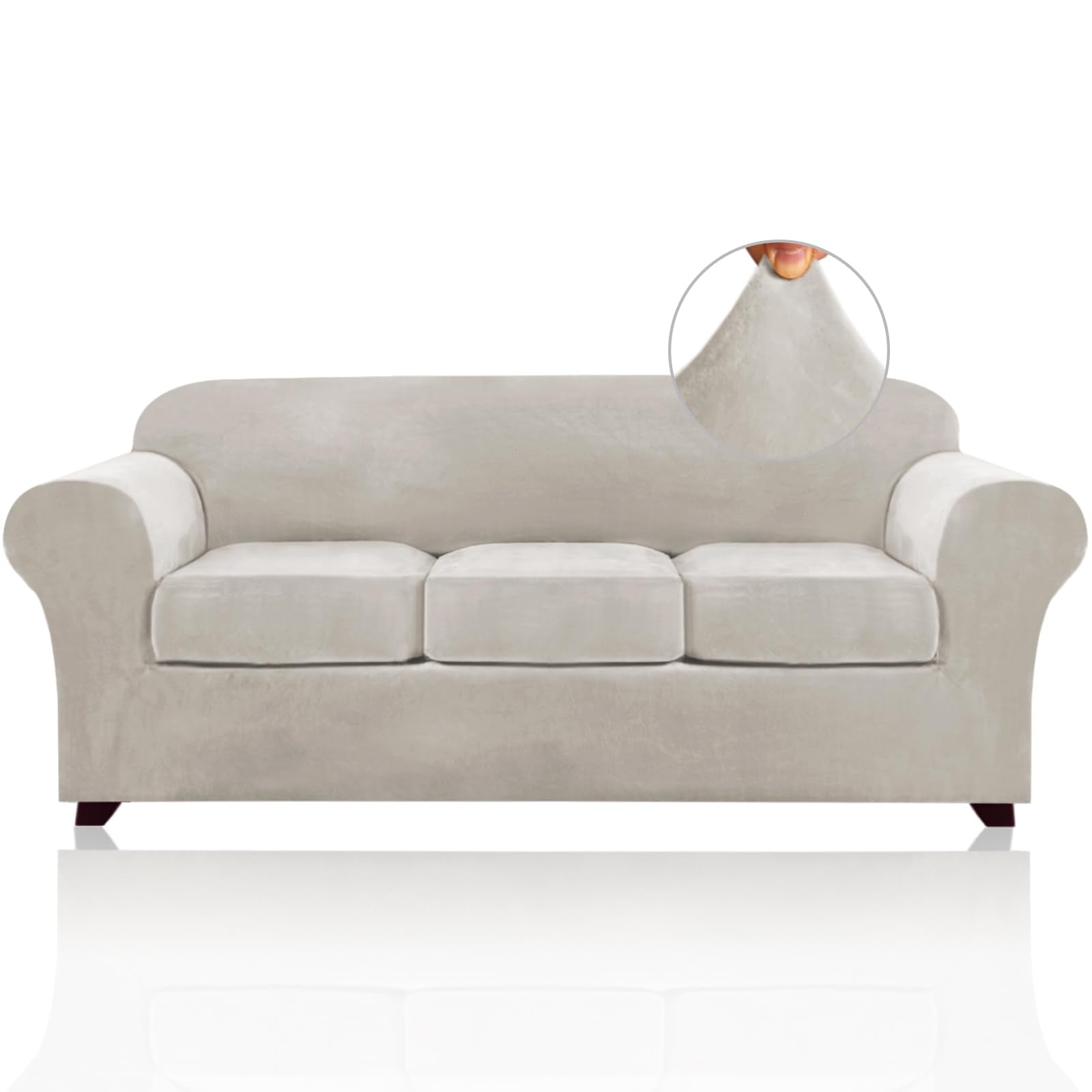 Princedeco Couch Cover Velvet Sofa Cover 4 Pieces Couch Covers For 3 Cushion Couch Sofa Pet Friendly Sofa Covers Washable Couch Covers With Non Slip Elastic Bottom(Large, Oatmeal)