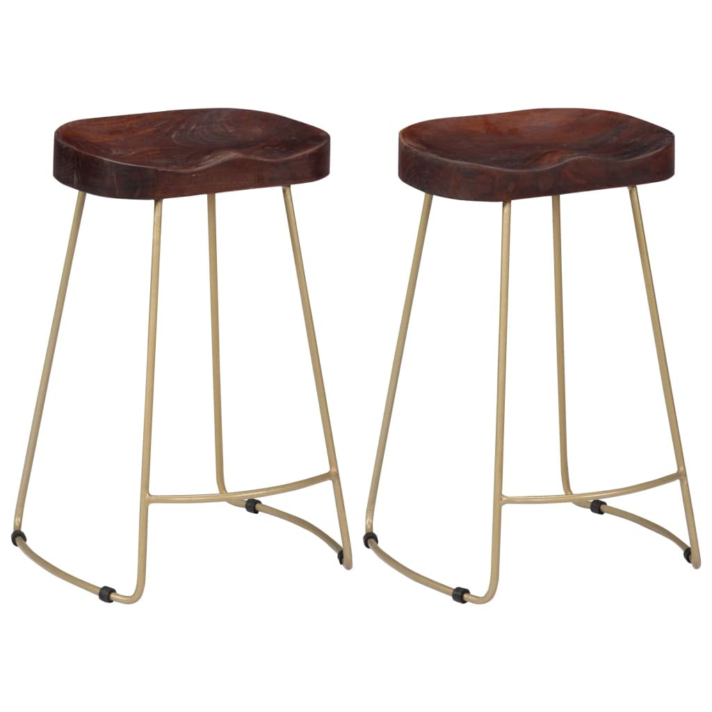 vidaXL Bar Stools - Gavin Design - Solid Mango Wood & Brass Iron - Set of 2 - Walnut Finish - 17.7&quot; W x 15.7&quot; D x 24.4&quot; H