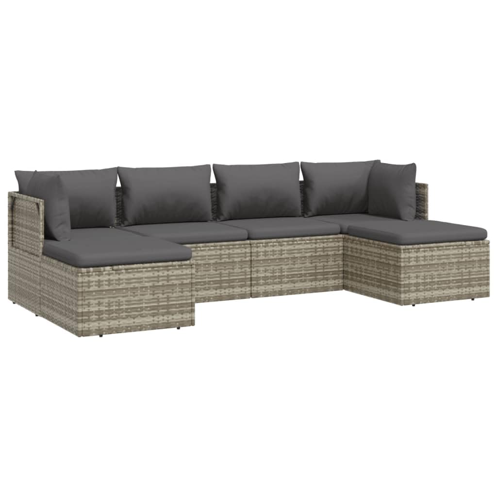 vidaXL 6-Piece Modern Patio Lounge Set with Extra Cushions and Pillows – Gray Poly Rattan Outdoor Furniture with Waterproof Cover & Secure Storage Space.
