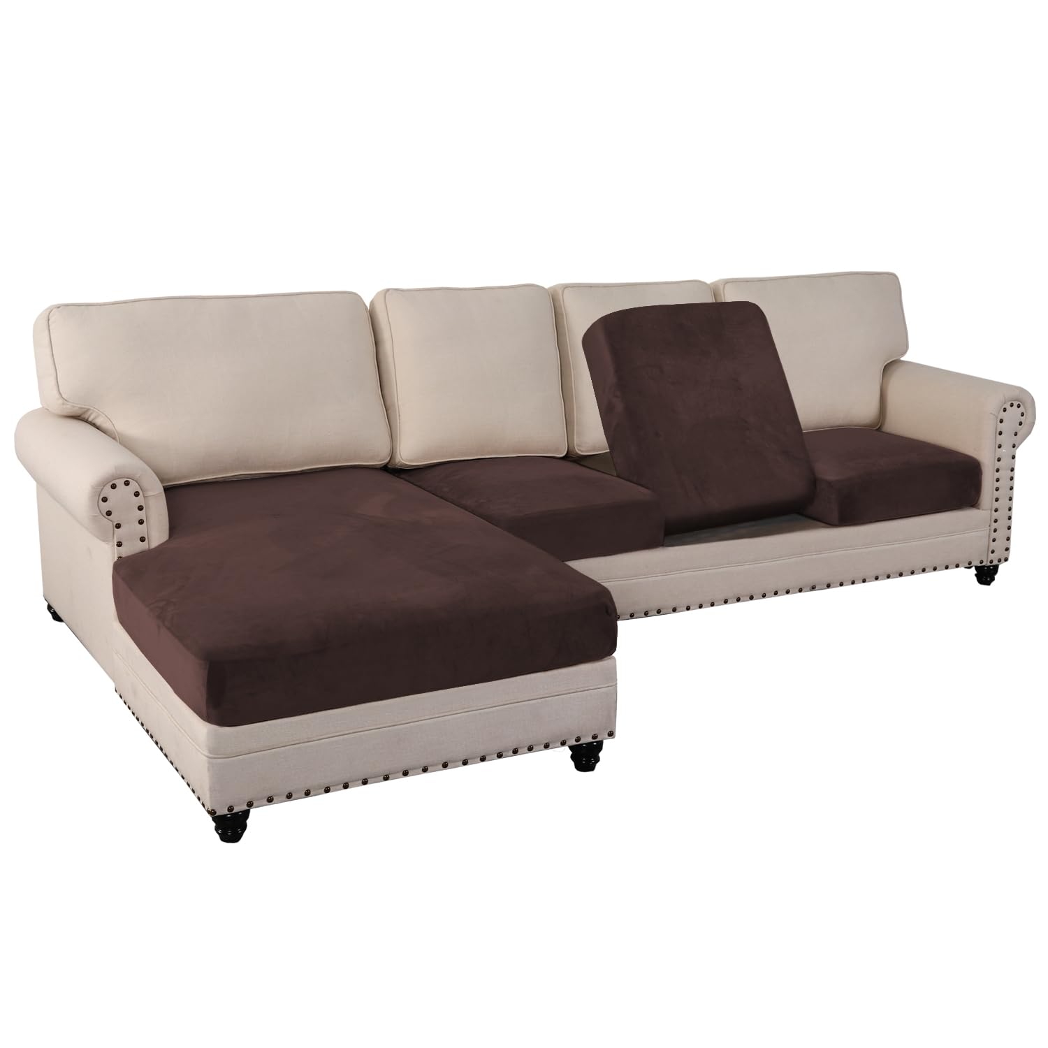PrinceDeco 4 Pieces Chaise Lounge Sofa Slipcover Super Soft L Shape Slipcover Elastic Couch with Chaise Lounge Cover Furniture P