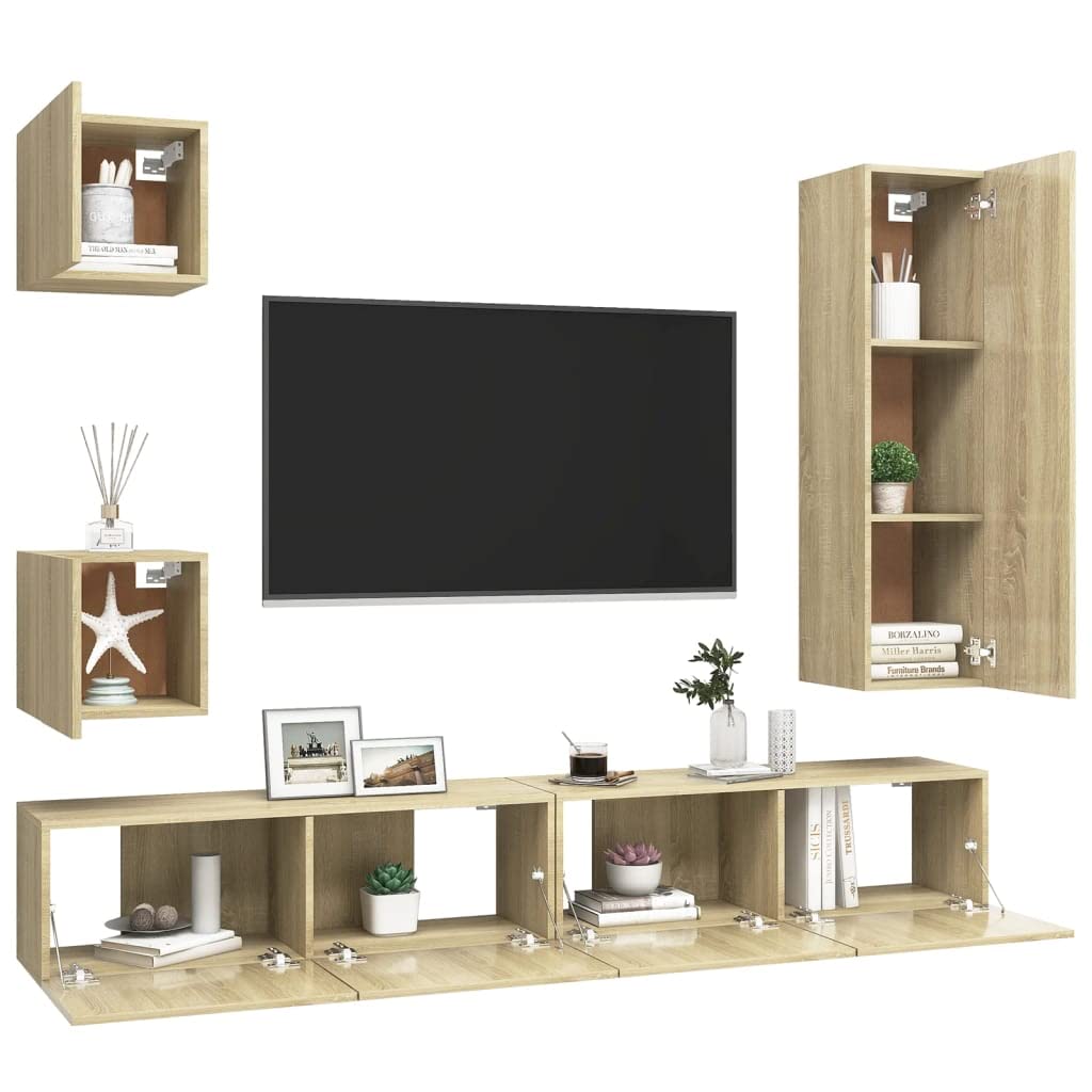 vidaXL TV Cabinet Set 5 Piece Living Room Bedroom Furniture HiFi Stereo Cabinet TV Stand Media Unit Entertainment Center Engineered Wood Sonoma Oak