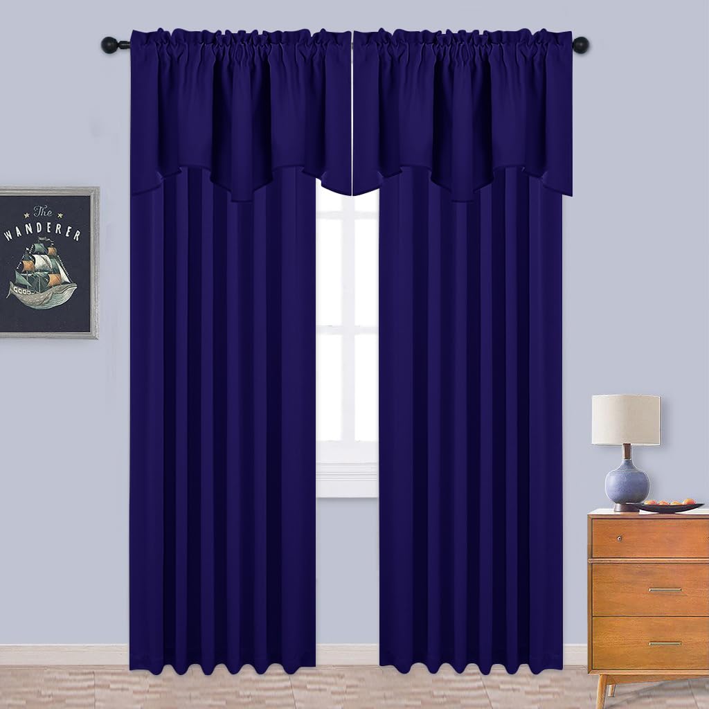 Nicetown Navy Blue Blackout Valance Curtains - Modern Design 52 Inches By 18 Inches Scalloped Rod Pocket Window Drapes/Draperies