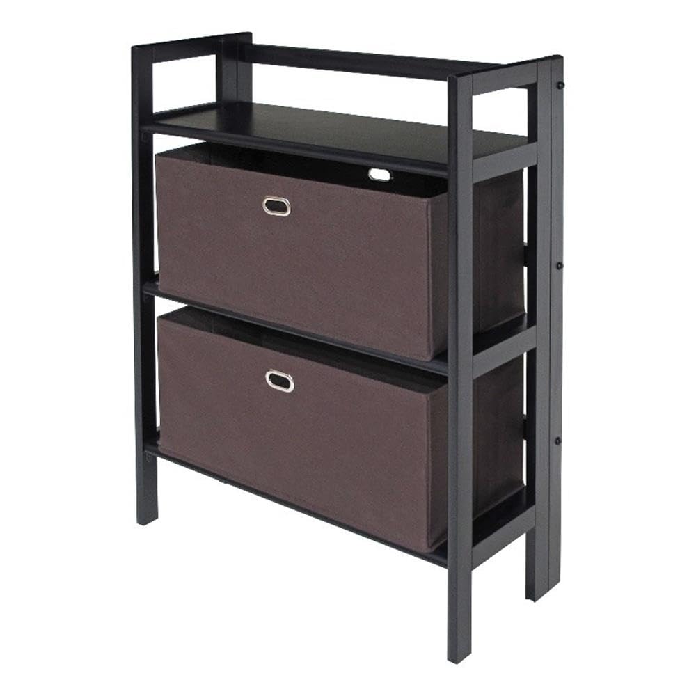 Winsome Torino 3-Pc Set Folding Bookcase W/Fabric Basket Storage And Organization, Black/Chocolate