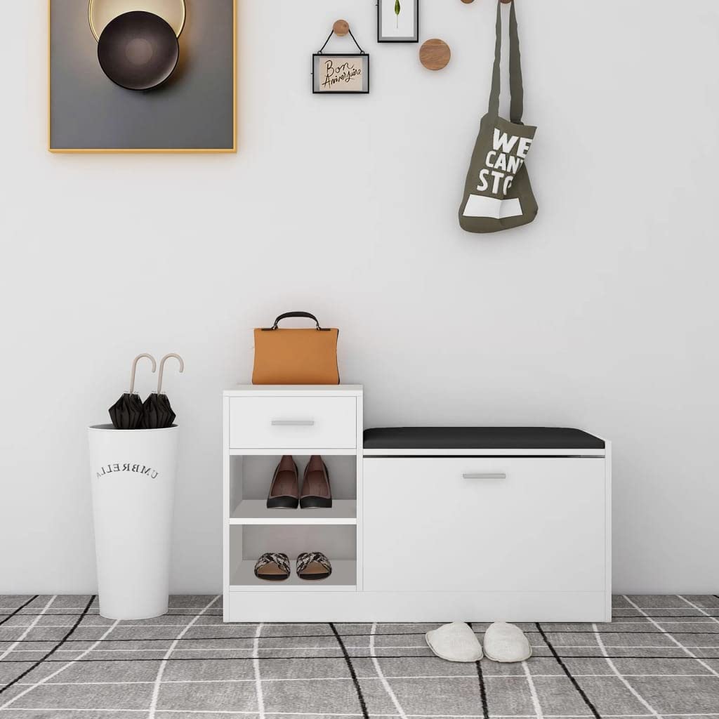 vidaXL Modern White Shoe Bench with Faux Leather Seat, Ample Storage Space, Made from Resistant Engineered Wood, MDF - 37.2"x12.2"x22.4" Dimensions
