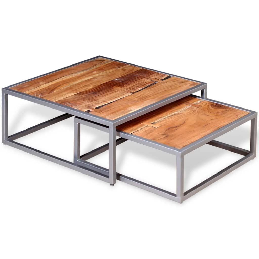 vidaXL Solid Acacia Wood Coffee Table Set, Versatile Living Room Tables with Strong Steel Legs, Handmade Wooden Furniture with Unique Design, Includes 2 Tables