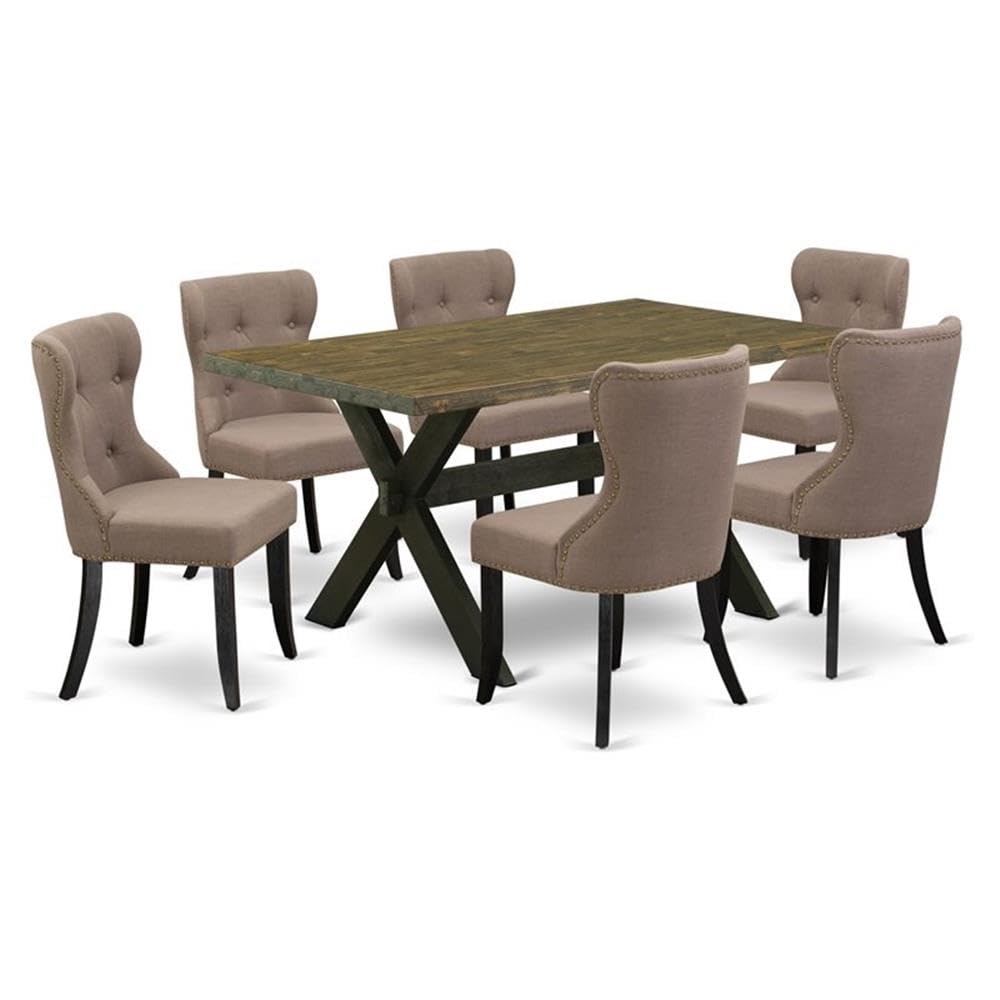 East West Furniture X676Si648-7 7 Piece Modern Dining Table Set Consist Of A Rectangle Wooden Table With X-Legs And 6 Coffee Linen Fabric Upholstered Chairs, 36X60 Inch, Multi-Color