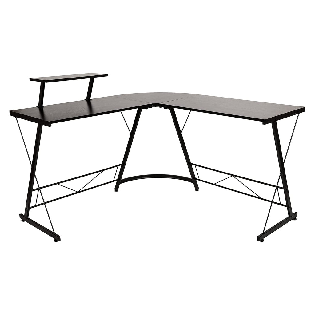 Flash Furniture Ginny Corner Desk - Black/Black Space Saving L-Shaped Gaming Desk with Monitor Shelf - 71.5" 2-Tier Computer Desk, Home Office Desk, Easy Assembly