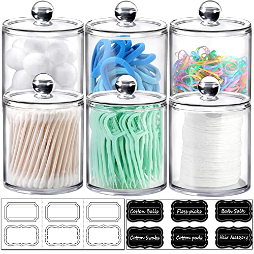 SheeChung 6 Pack Qtip Dispenser Apothecary Jars Bathroom with Labels - Qtip Holder Storage Canister Clear Plastic Acrylic Jar fo