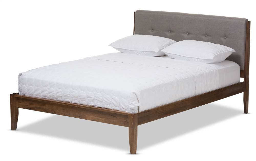 Baxton Studio Leyton Mid-Century Light Grey Fabric and Medium Brown Finish Wood King Size Platform Bed