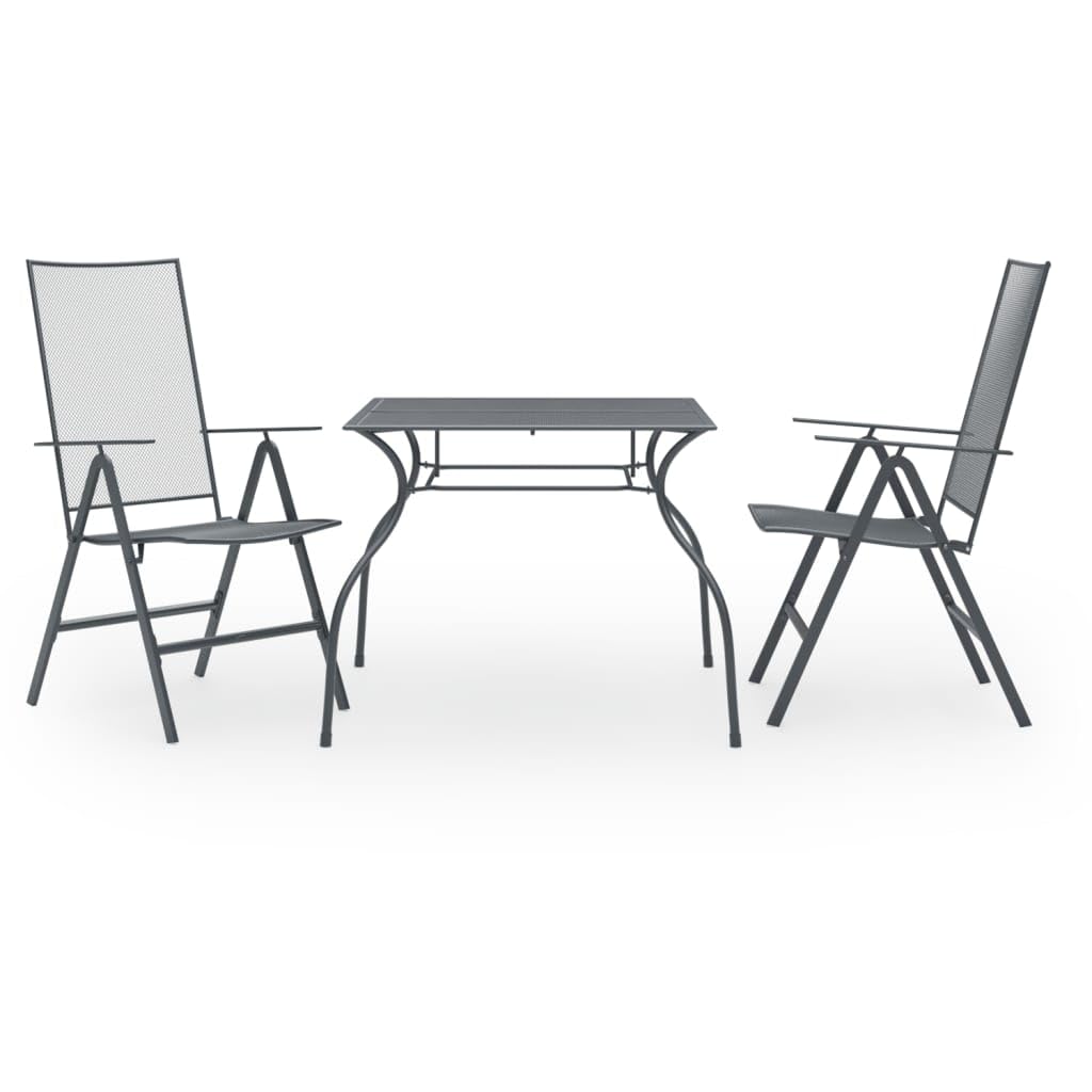 vidaXL 3-Piece Patio Dining Set, Stylish Mesh Designed Outdoor Furniture, Anthracite Steel Table & Stackable Chairs, Weather Resistant, Versatile Indoor & Outdoor Use