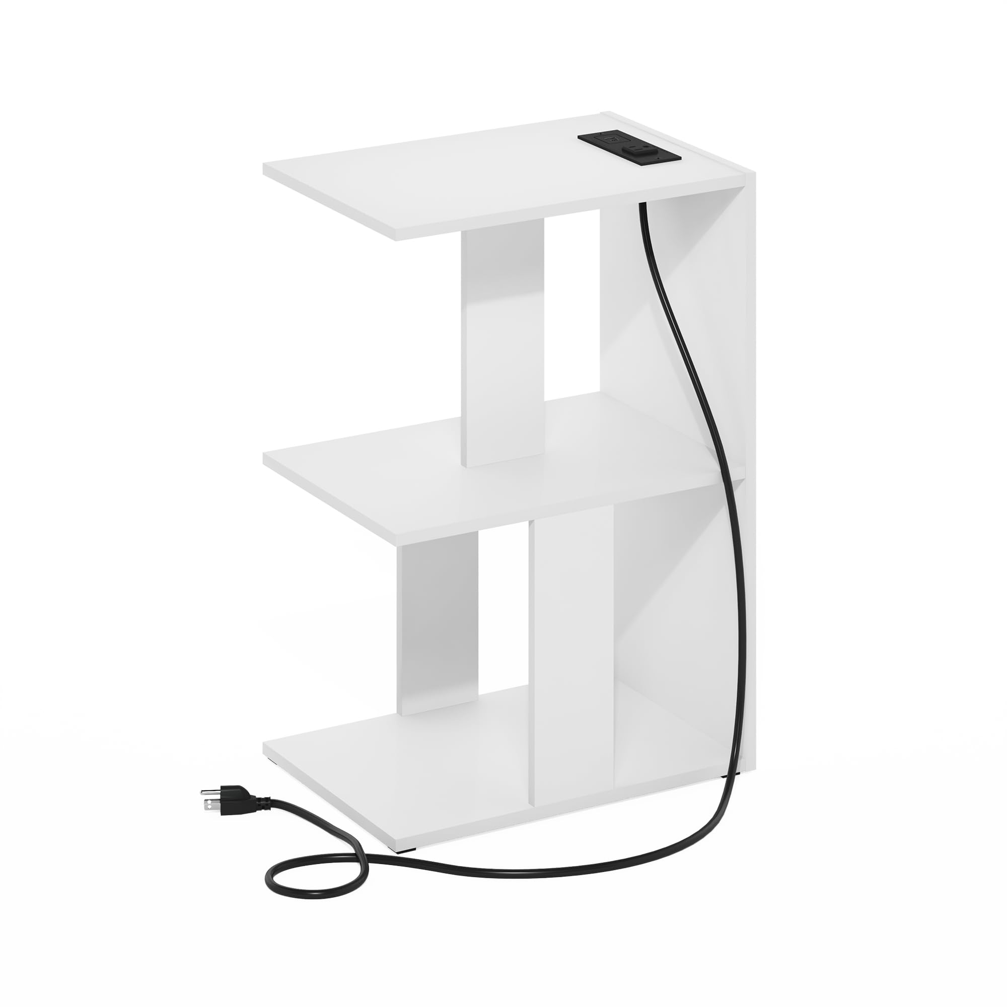 Furinno Boyate Open Storage Sofa Side Table, End Table with USB and Type-C Charging Port, White
