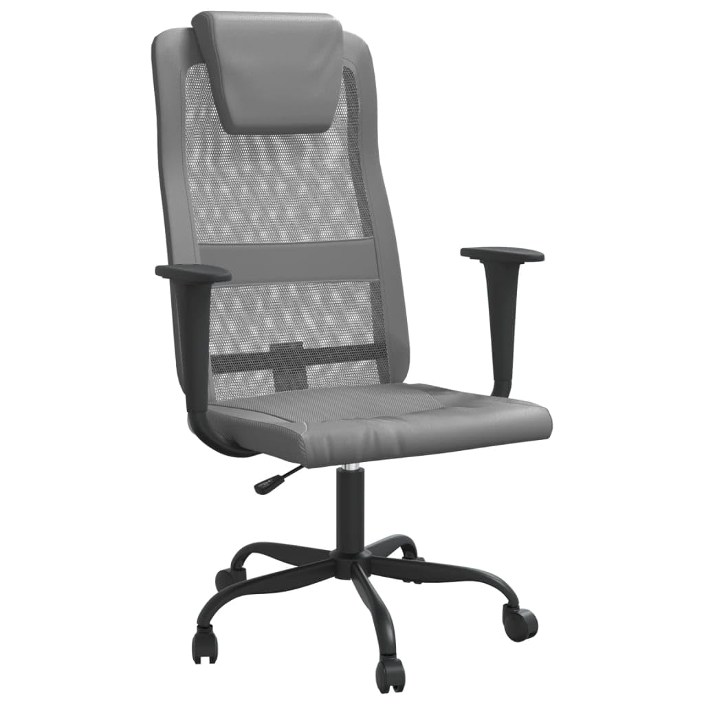 vidaXL Gray Office Chair - Breathable Mesh Fabric and Faux Leather, Adjustable Height with 360-Degree Swivel, Rolling Castors, Solid Metal and Plywood Frame