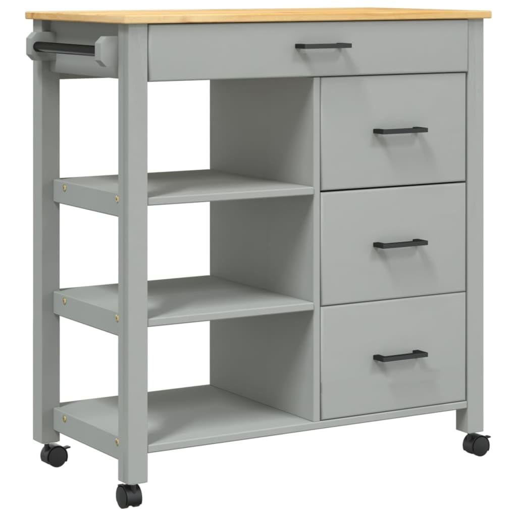 vidaXL Kitchen Trolley - Rolling Storage Cart with Drawers/Shelves, Solid Pine Wood, Lockable Wheels, in Gray/Honey Wax, 33.1x15.7x35.4