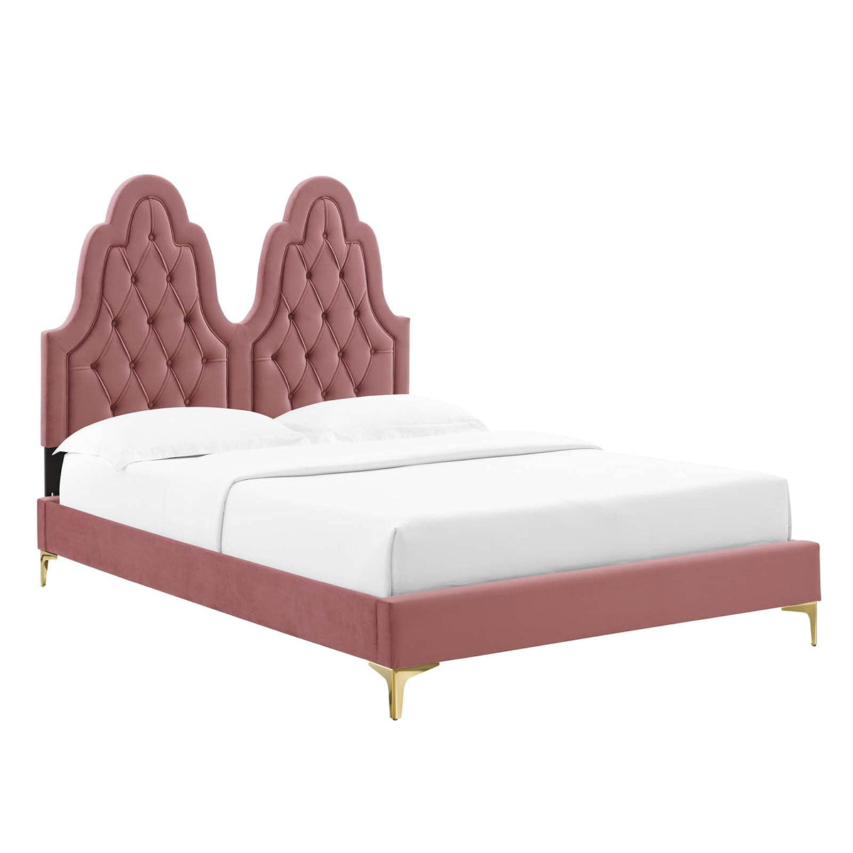 Modway Alexandria Tufted Performance Velvet Platform Bed with Gold Legs, King, Dusty Rose