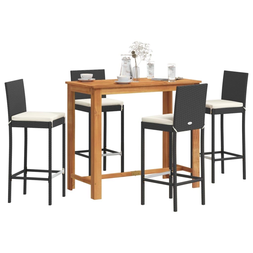 vidaXL 5PC Patio Bar Set - Black PE Rattan & Solid Acacia Wood Table, Cream Cushions, Stools with Footrest for Outdoor/Garden, 3295278