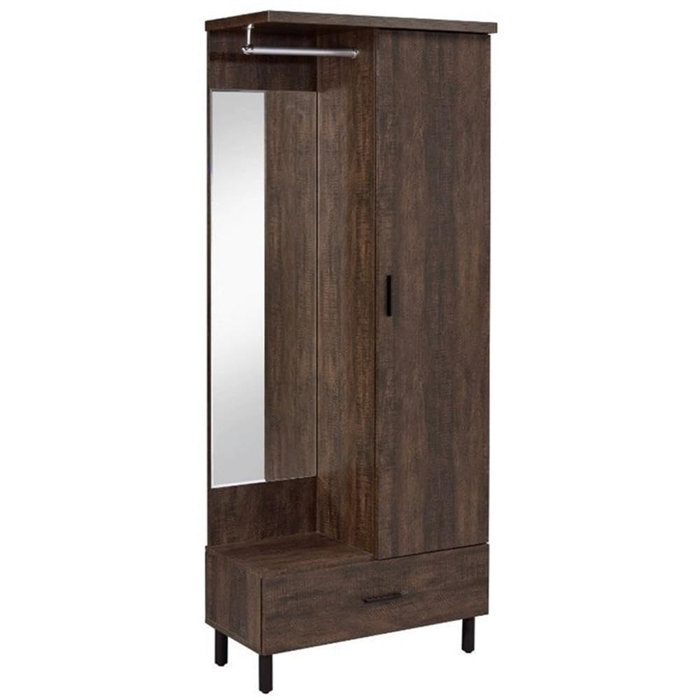 Acme Tsula Wooden and Mirror 1-Drawer Hall Tree with 1 Door in Rustic Walnut