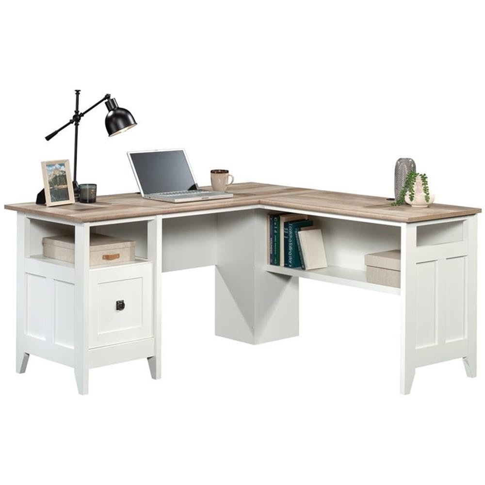 Sauder August Hill L-Shaped Home Office Desk In Soft White, Soft White Finish