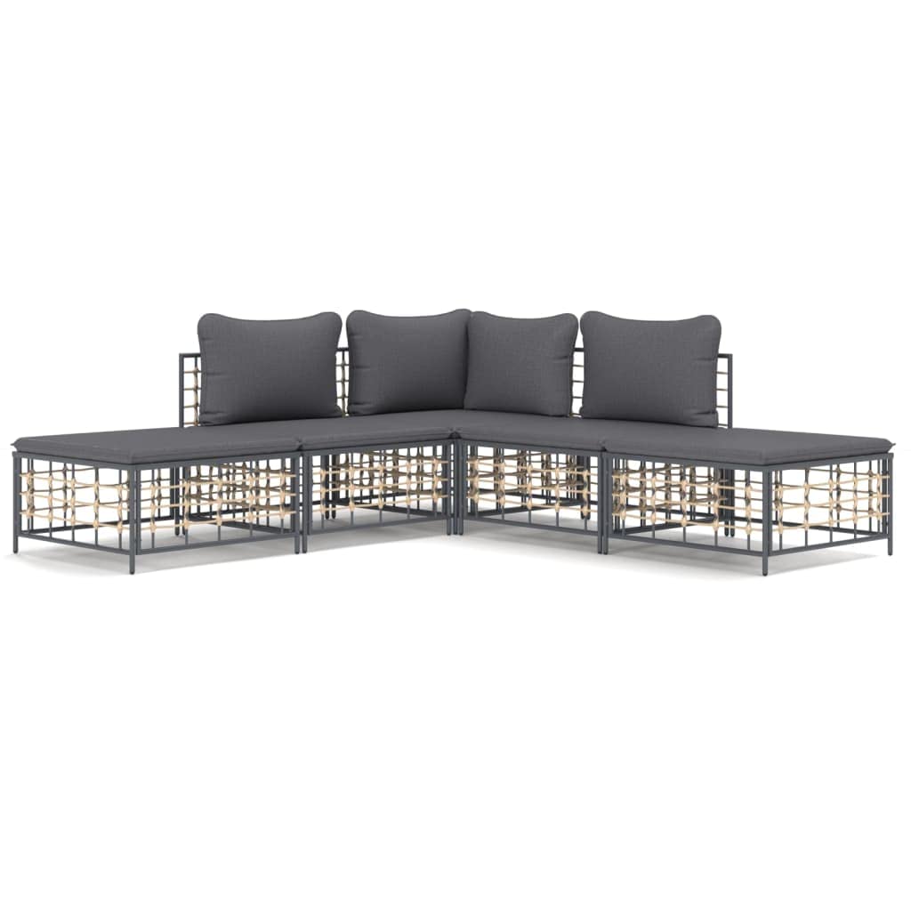 vidaXL 4-Piece Outdoor Patio Lounge Set in Anthracite - Modular Sofas with Thick Cushions, Durable Poly Rattan Frame for Garden/Terrace