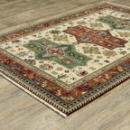 HomeRoots 509266 8 x 11 ft. Brick Red Orange Rust Beige Gold Pale Blue Olive Navy & Black Oriental Power Loom Stain Resistant Rectangle Area Rug with Fringe, Rectangular