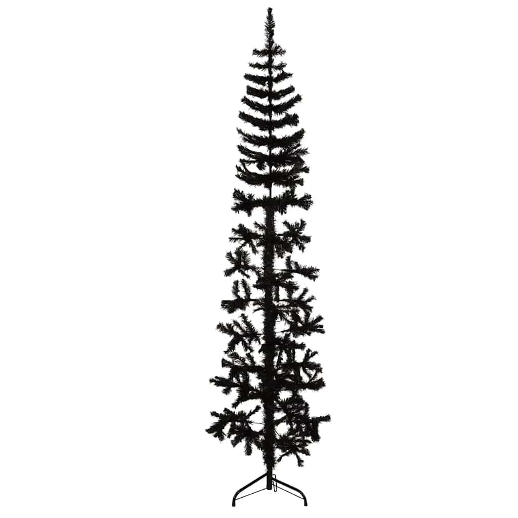 vidaXL Slim Artificial Half Christmas Tree with Stand, 6 ft Height, Space Saving Design, Ideal for Small Spaces, Black, PVC and Steel Structure, Without Ornaments