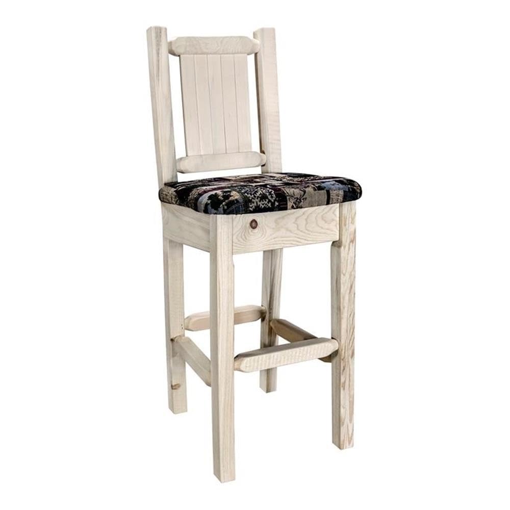 Montana Woodworks Homestead Collection Barstool w/Back - Woodland Upholstery, w/Laser Engraved Bear Design, Clear Lacquer Finish