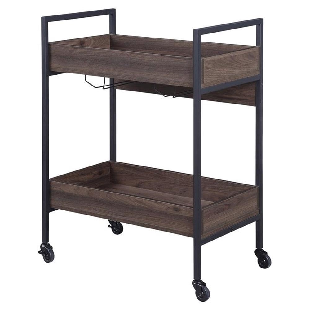 Acme Jerrick Wooden Serving Cart with 2 Shelves in Walnut and Black