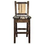 Montana Woodworks Homestead Collection Counter Height Barstool with Upholstered Seat, Woodland Pattern, Laser Engraved Pine Tree Design, Stained & Lacquered