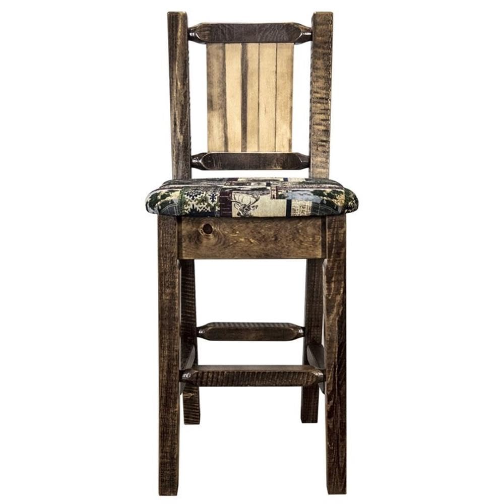 Montana Woodworks Homestead Collection Counter Height Barstool with Upholstered Seat, Woodland Pattern, Laser Engraved Pine Tree Design, Stained & Lacquered