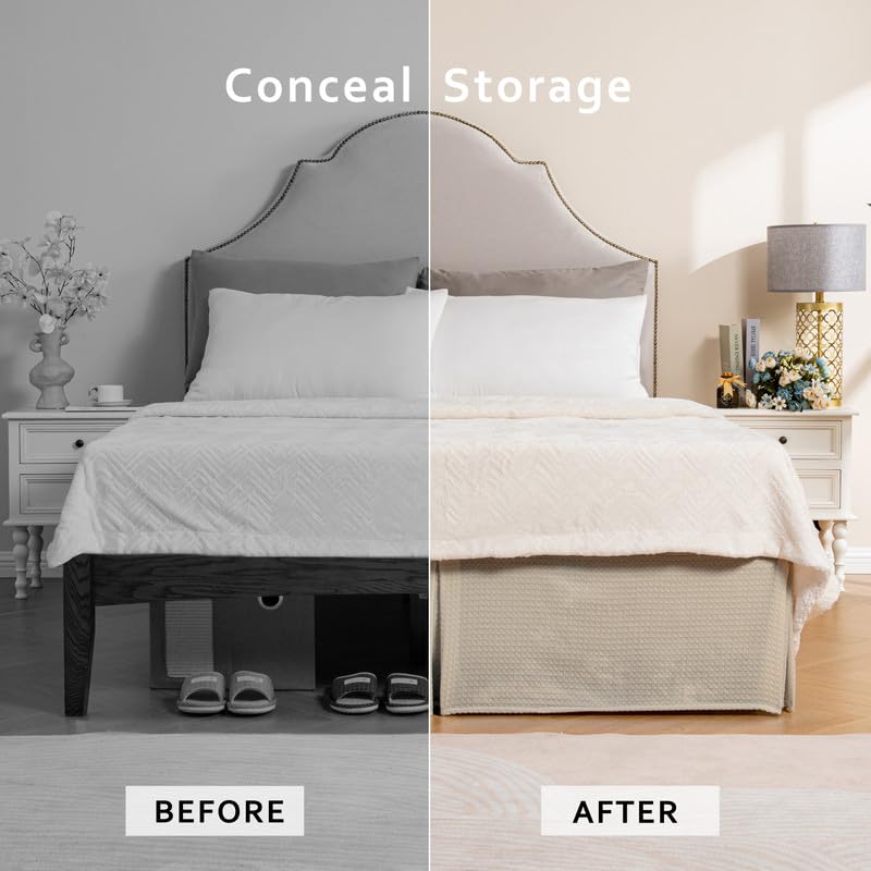 Miye Pleated Waffle Weave Bed Skirt, Tailored Dust Ruffle 12 Inch Drop Easy Fit, Machine Washable (Cream, King - 12'' Drop)