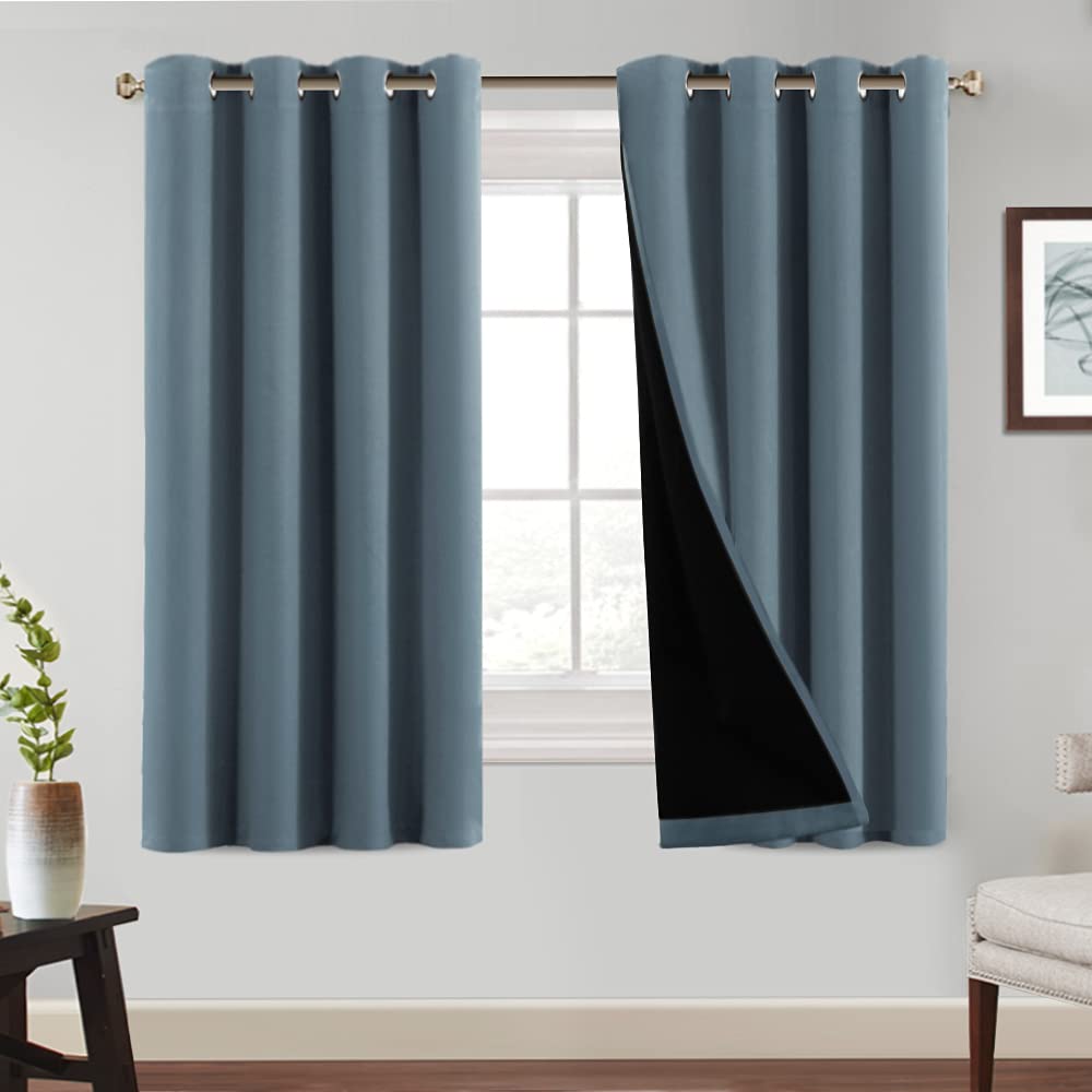 Princedeco 100% Blackout Curtains 63 Inch Long - Grommet Blackout Thermal Insulated Room Darkening Sound Reducing Window Drapes