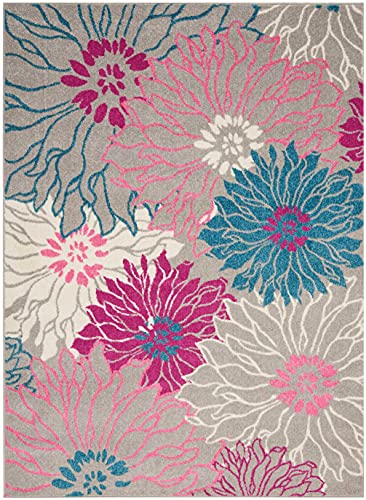 HomeRoots Grey 100% Polypropylene 5’ x 7’ Gray and Pink Tropical Flower Area Rug