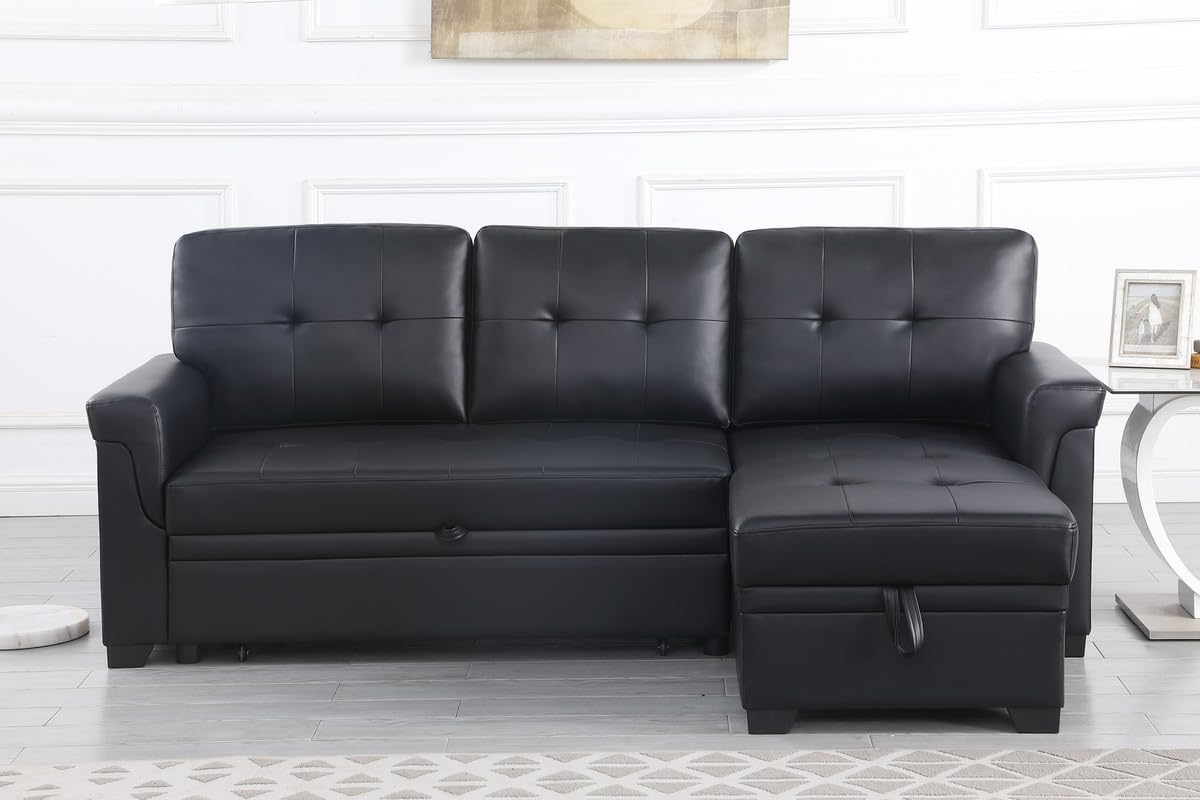 Lilola Home Lucca 83.5&quot; W Black Vegan Leather Modern Reversible Sleeper Sectional Sofa with Storage Chaise