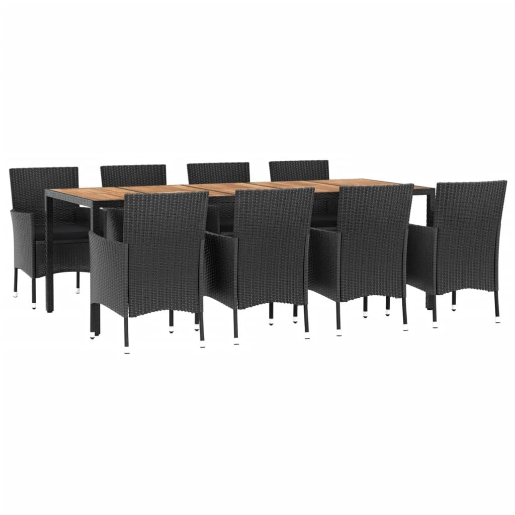 vidaXL 9 Piece Patio Dining Set - Black Poly Rattan, Cushions, Acacia Wood Table, Outdoor/Garden/Patio Furniture
